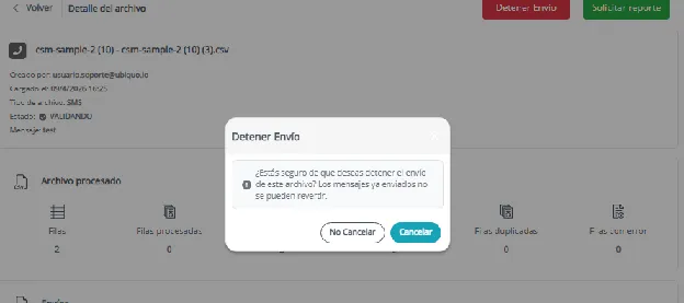 Mensaje de confirmación de cancelación